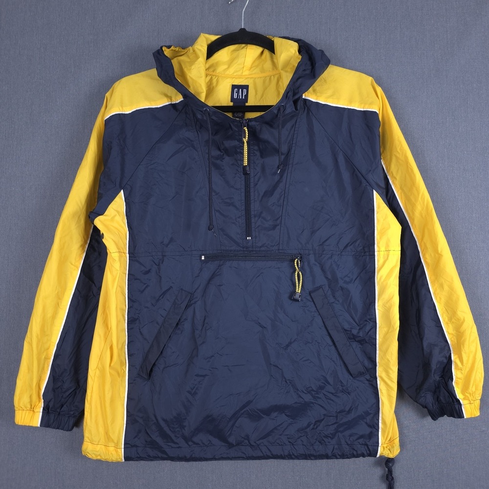 Vintage GAP Anorak Jacket Men Medium Blue Yellow Pullover Hooded Windbreaker 90s